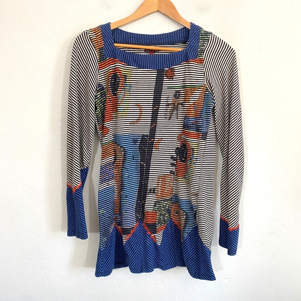 Adventures des Toiles Tunic Top Women Sz 40 Striped Multicolor Artsy Long Sleeve